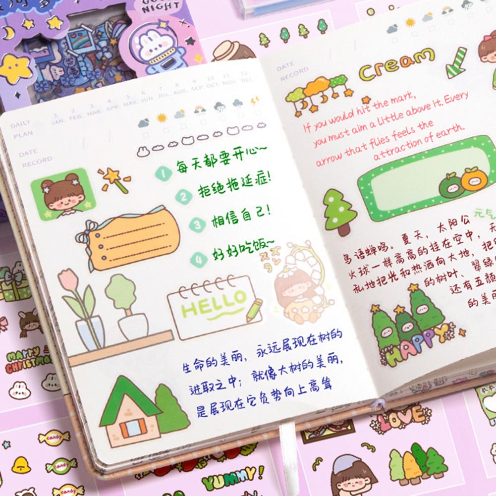 100Pcs/Set Cartoon Stickers Rich Patterns Self-adhesive Children Stationery Palm Stickers Daily Use PET Waterproof Handbook DecorationCreative Childrens Pocket Stickers Kids Gifts