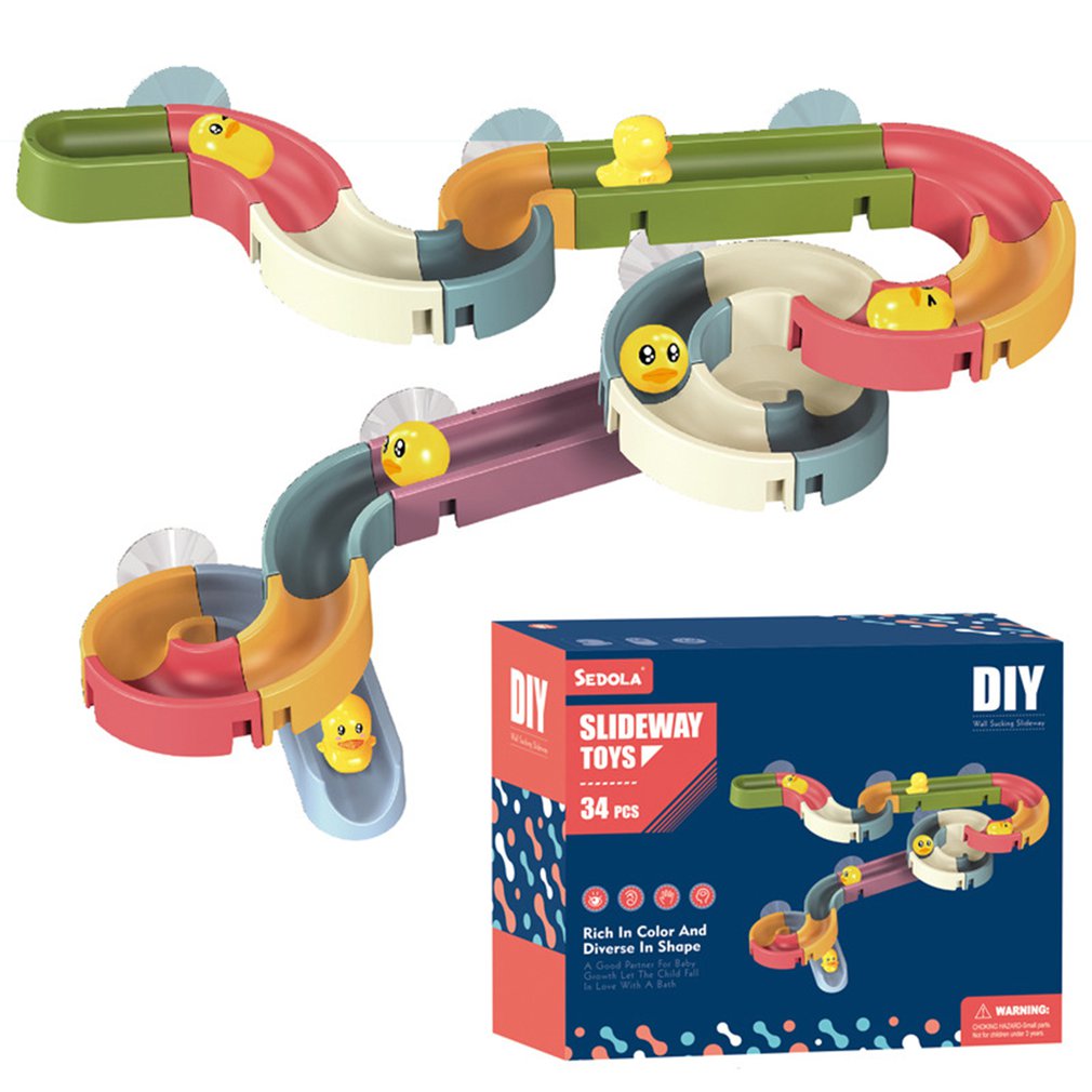 Baby Bath Toys Wall Bathtub Toy Assembling Slide Wind-Up Duck Slide Bathroom Shower Tracks Water Toys for Toddlers Kids Gifts