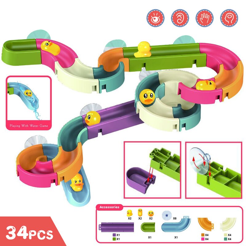 Baby Bath Toys Wall Bathtub Toy Assembling Slide Wind-Up Duck Slide Bathroom Shower Tracks Water Toys for Toddlers Kids Gifts