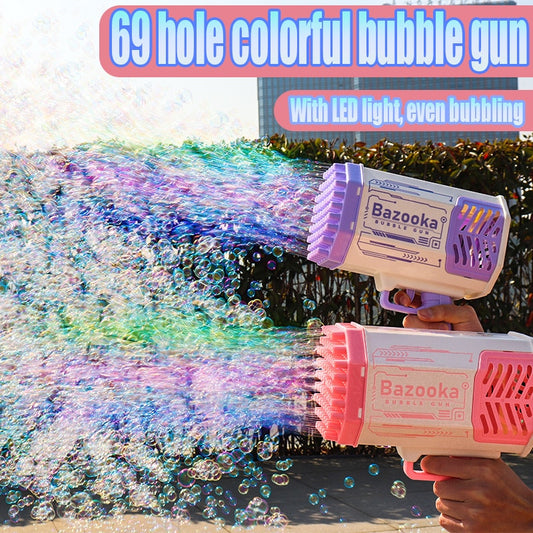 Bubble Gun Rocket 70 Holes Soap Bubbles Machine Gun Shape Automatic Blower With Light Toys For Kids Pomperos Children's Day Gift